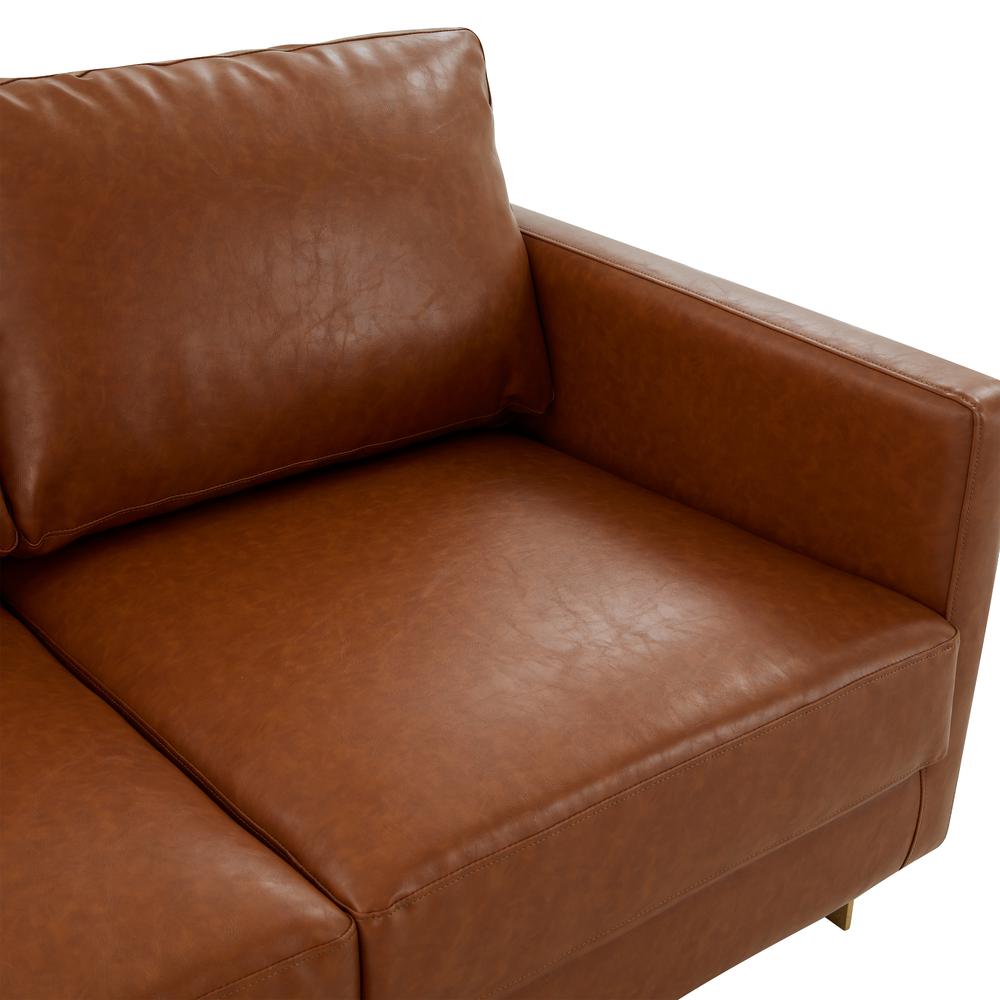 LeisureMod Lincoln Modern Mid-Century Upholstered Leather Loveseat with Gold Frame, Cognac Tan. Picture 4