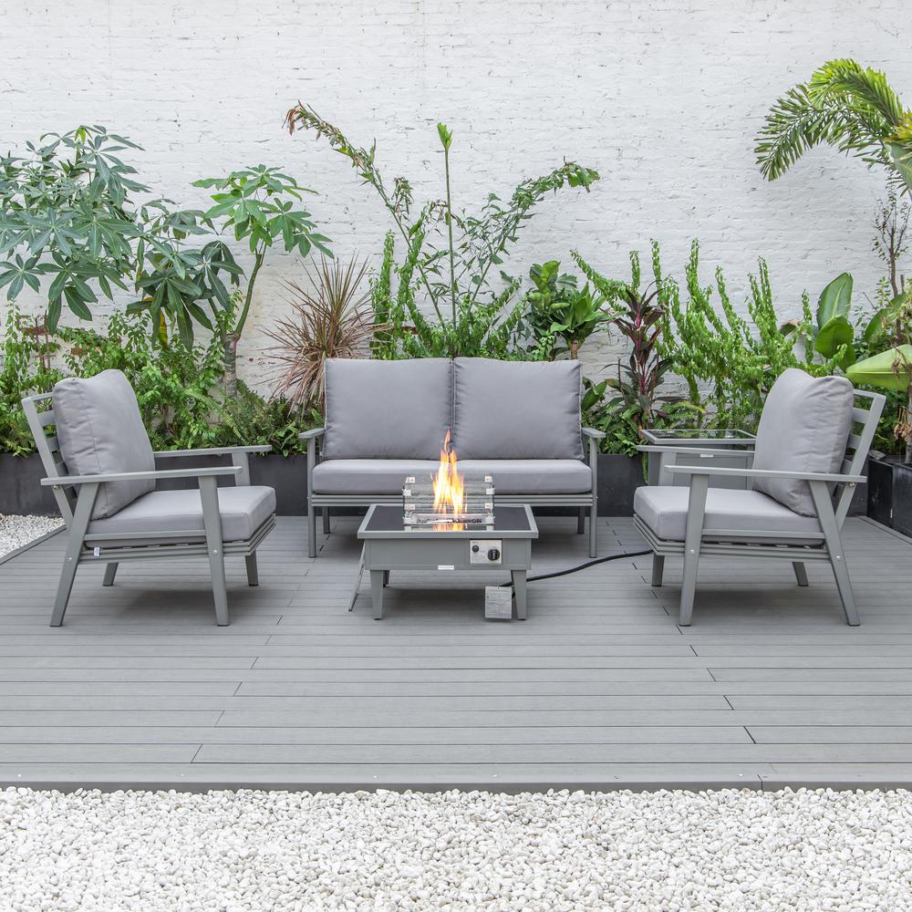 LeisureMod Walbrooke Modern Grey Patio Conversation With Square Fire Pit & Tank Holder, Grey. Picture 8