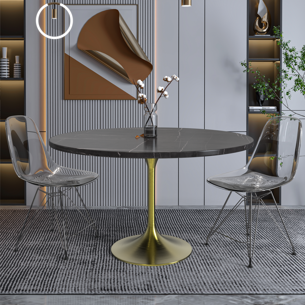 48 Round Dining Table, Brushed Gold Base with Sintered Stone Black Top. Picture 4