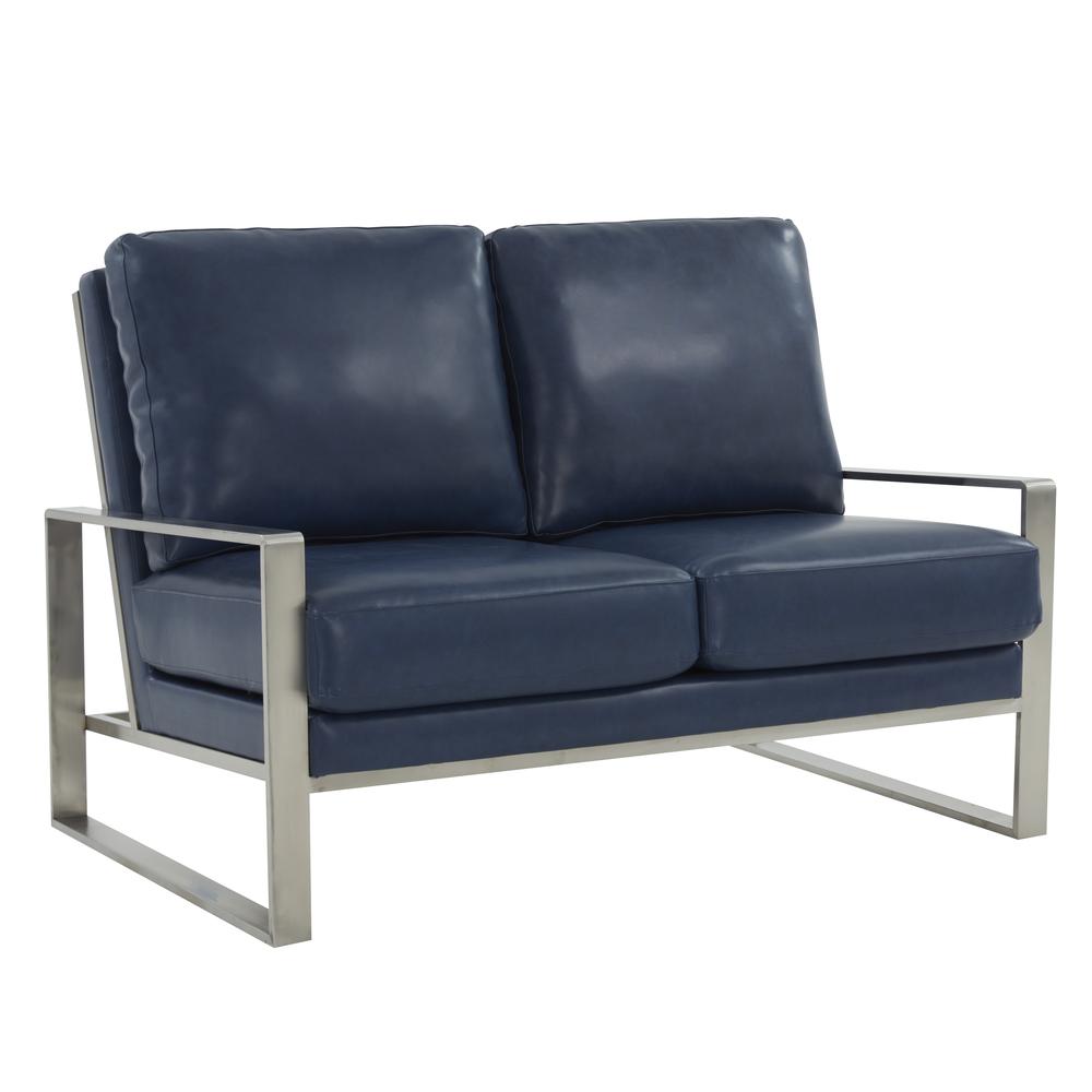 Leisuremod Jefferson Contemporary Modern Faux Leather Loveseat With Silver Frame, Navy Blue. Picture 1