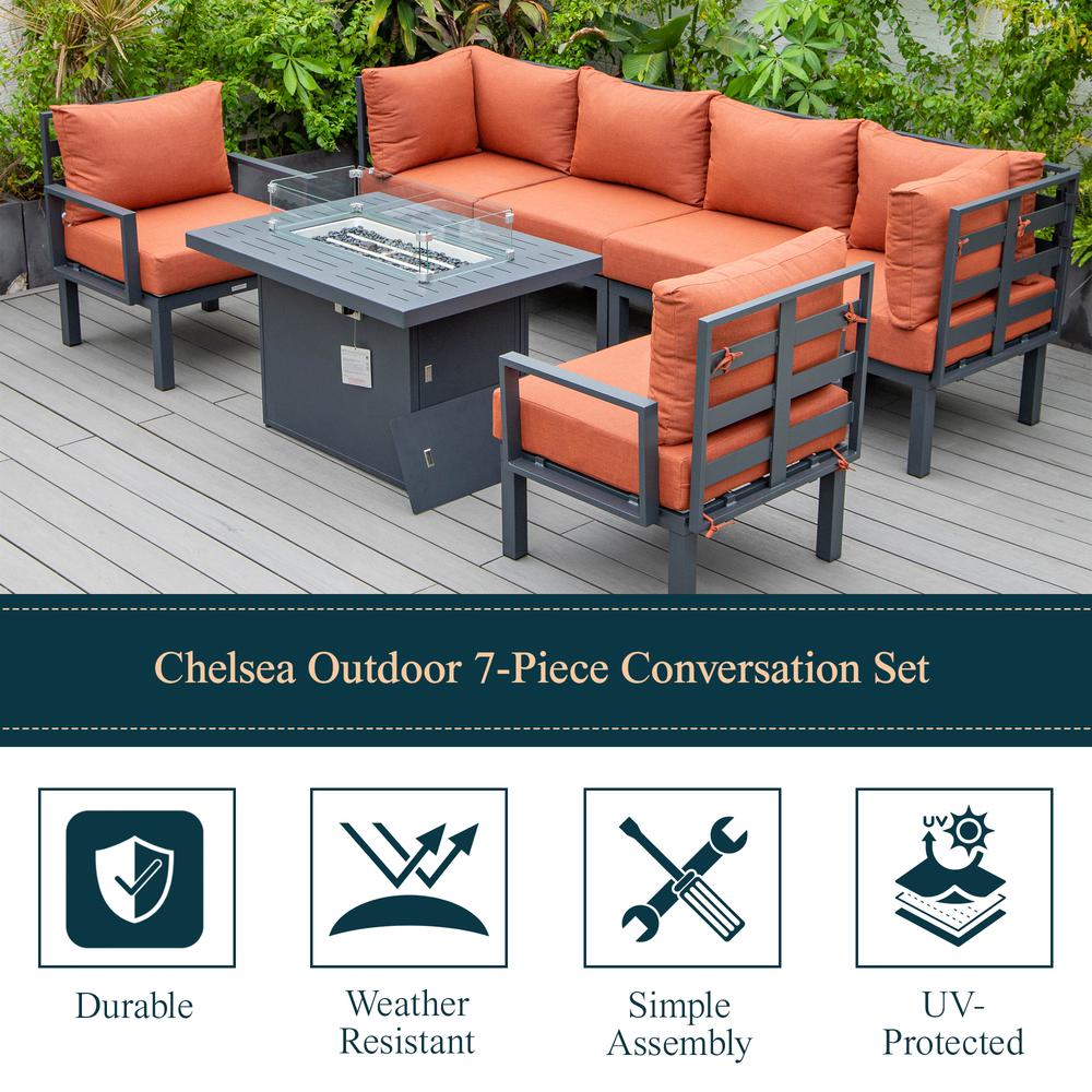 Chelsea 7-Piece Patio Sectional And Fire Pit Table Black Aluminum With Cushions. Picture 36
