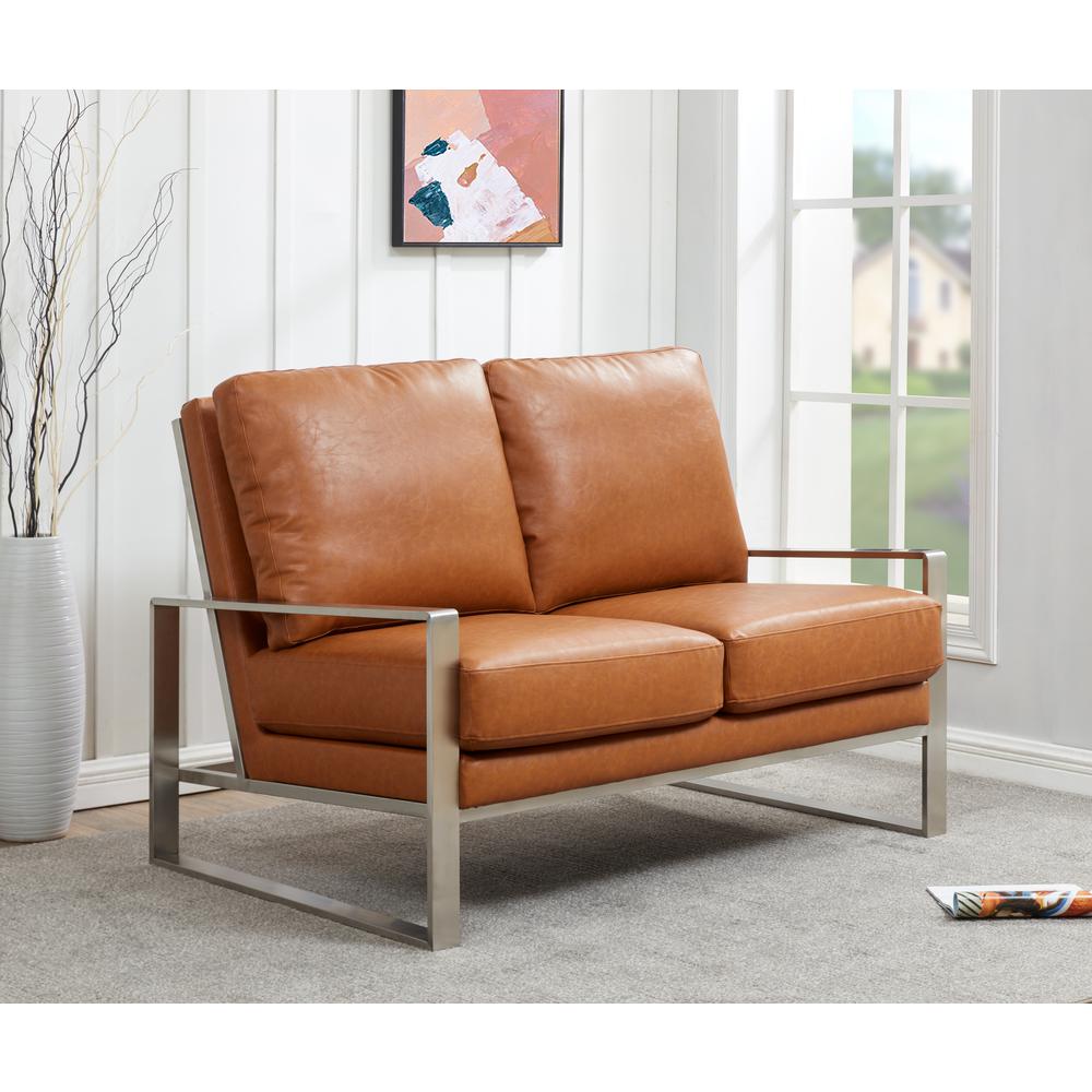Leisuremod Jefferson Contemporary Modern Faux Leather Loveseat With Silver Frame, Cognac Tan. Picture 6