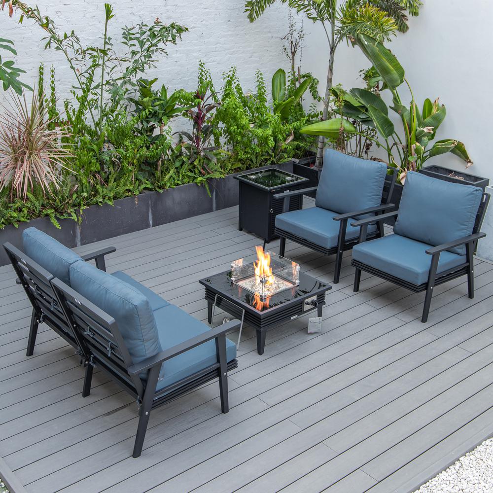 LeisureMod Walbrooke Modern Black Patio Conversation With Square Fire Pit With Slats Design & Tank Holder, Navy Blue. Picture 2