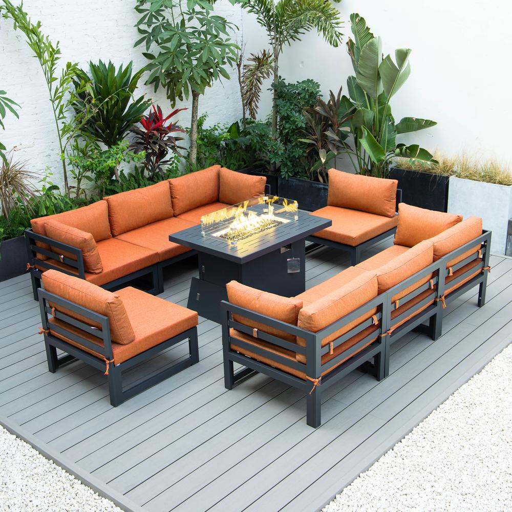 LeisureMod Chelsea 9-Piece Patio Sectional with Fire Pit Table Black Aluminum With Cushions, Orange. The main picture.
