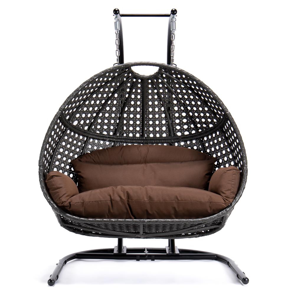LeisureMod Wicker Hanging Double Egg Swing Chair in Dark Brown. Picture 3