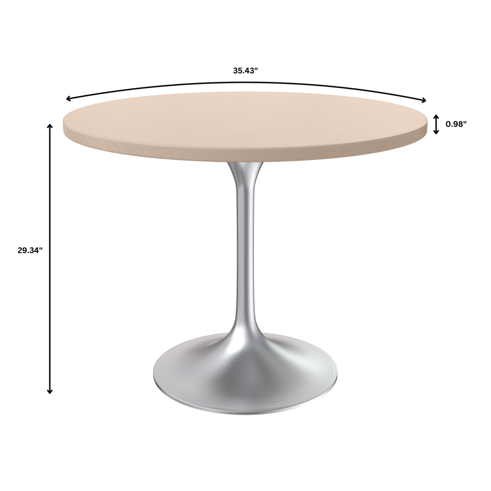 36" Round Dining Table, Brushed Chrome Base with Light Natural Wood MDF Top. Picture 4