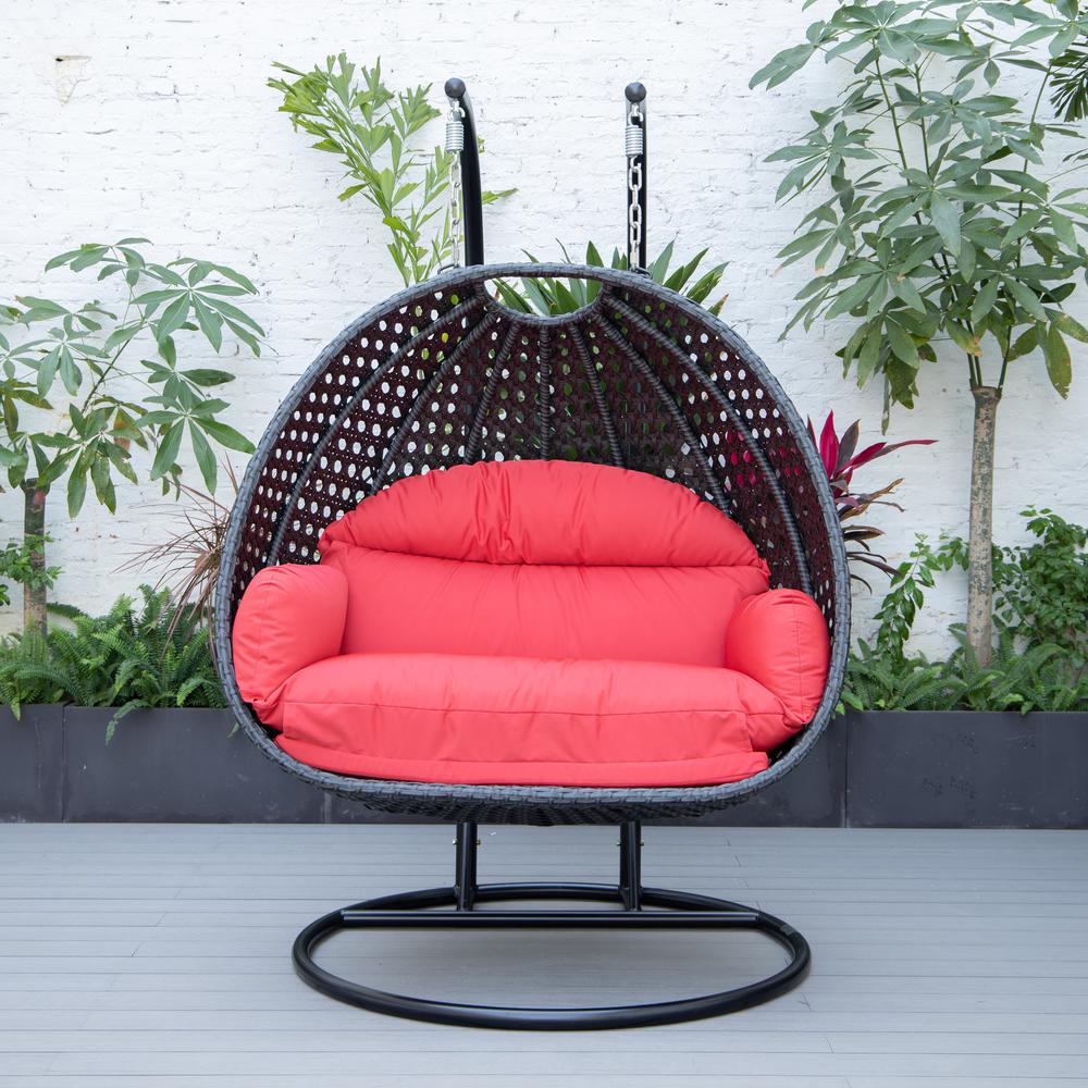 LeisureMod MendozaWicker Hanging 2 person Egg Swing Chair in Red. Picture 4