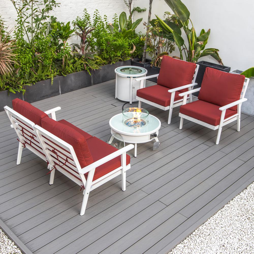 LeisureMod Walbrooke Modern White Patio Conversation With Round Fire Pit With Slats Design & Tank Holder, Red. Picture 8