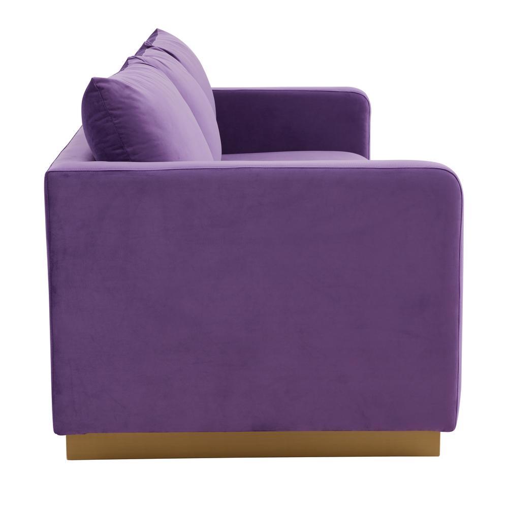 LeisureMod Nervo Modern Mid-Century Upholstered Velvet Sofa with Gold Frame, Purple. Picture 4