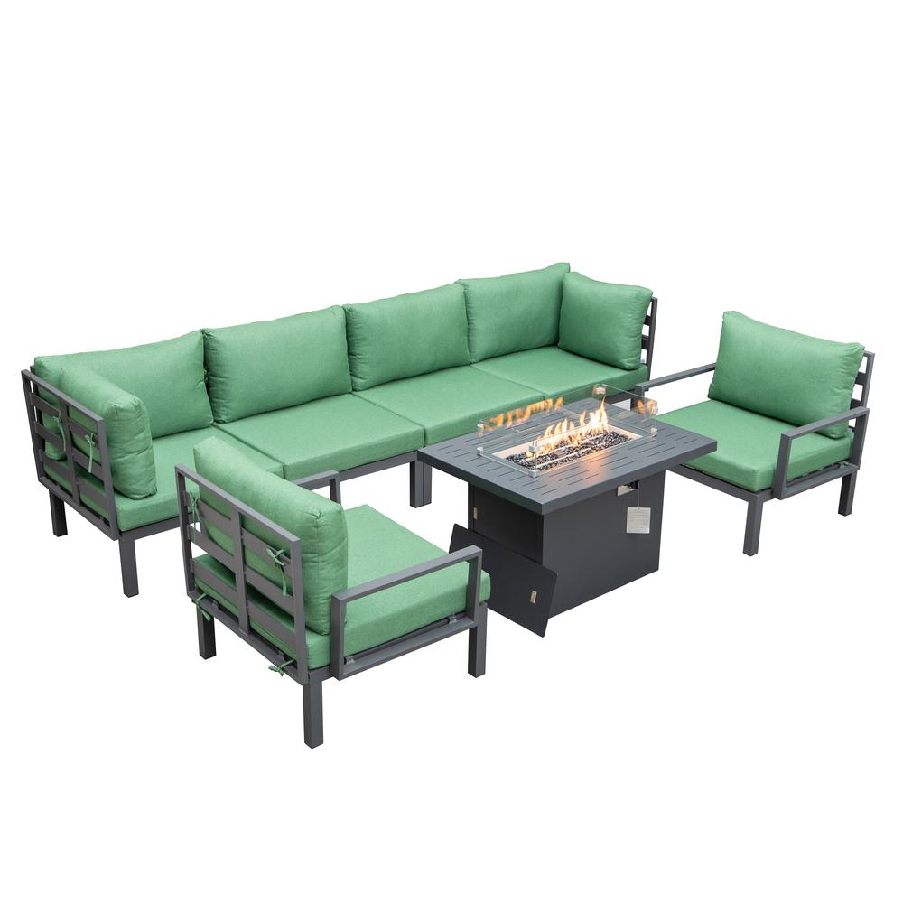 LeisureMod Hamilton 7-Piece Aluminum Patio Conversation Set With Fire Pit Table And Cushions Green. Picture 1