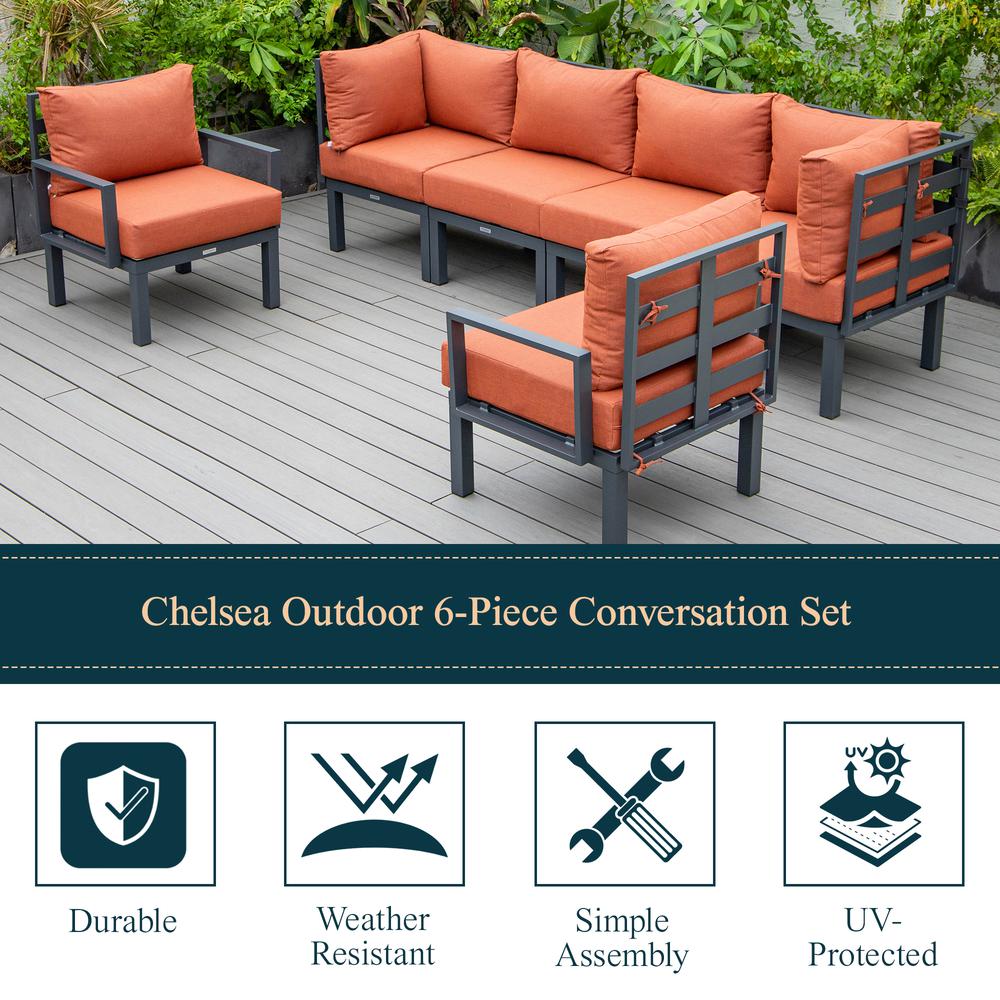 LeisureMod Chelsea 6-Piece Patio Sectional Black Aluminum With Cushions in Orange. Picture 32