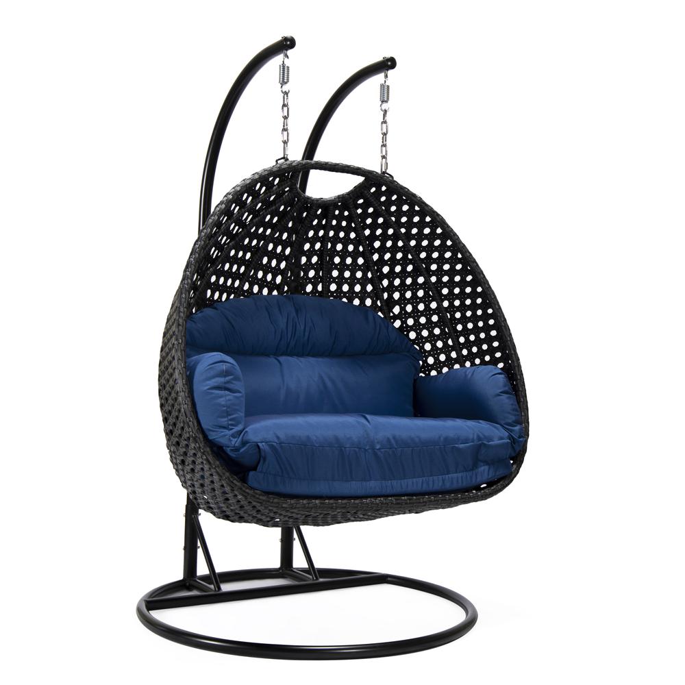 LeisureMod MendozaWicker Hanging 2 person Egg Swing Chair in Blue. Picture 1