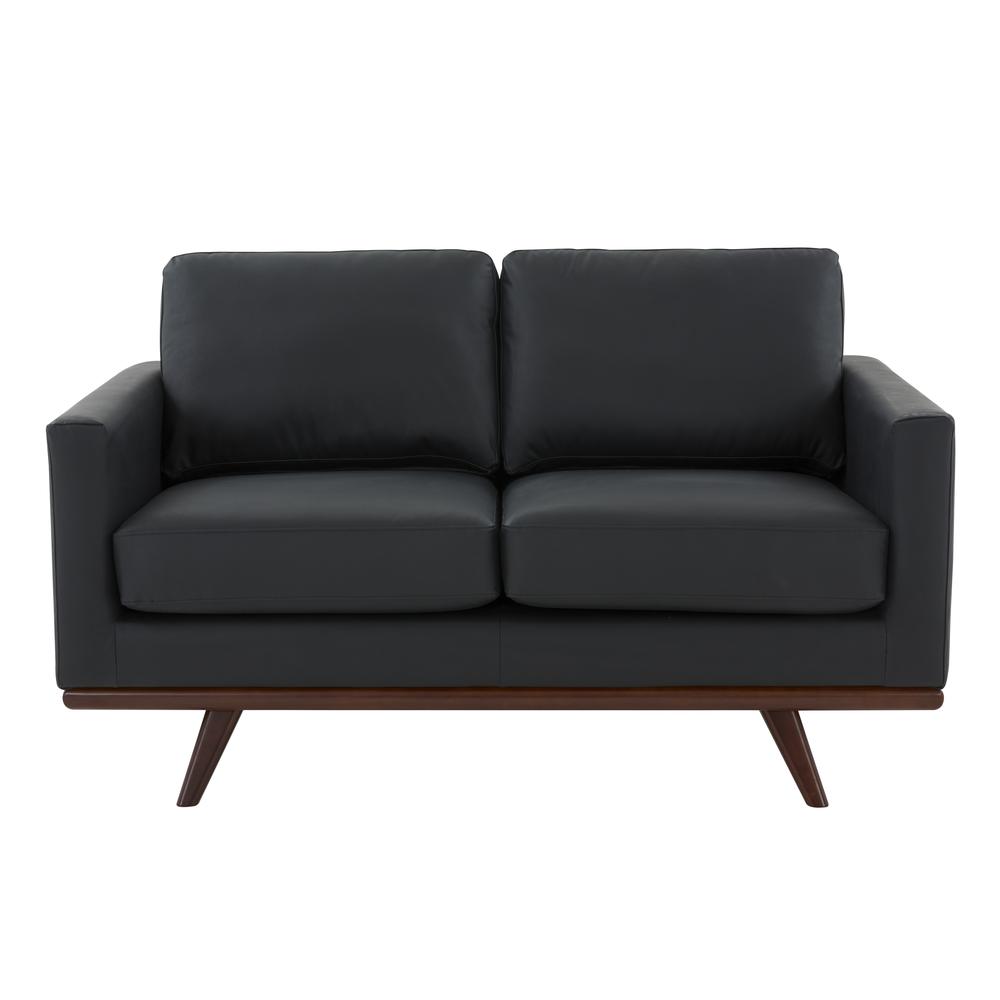 LeisureMod Chester Modern Leather Loveseat With Birch Wood Base, Black. Picture 5
