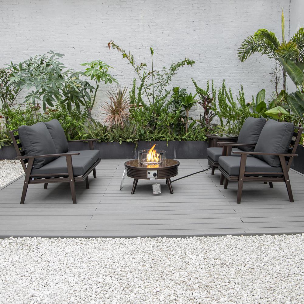 LeisureMod Walbrooke Modern Brown Patio Conversation With Round Fire Pit With Slats Design & Tank Holder, Charcoal. Picture 9