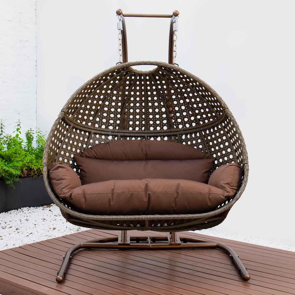LeisureMod Wicker Hanging Double Egg Swing Chair, Dark Brown. Picture 1
