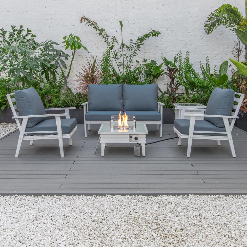 LeisureMod Walbrooke Modern White Patio Conversation With Square Fire Pit With Slats Design & Tank Holder, Navy Blue. Picture 6