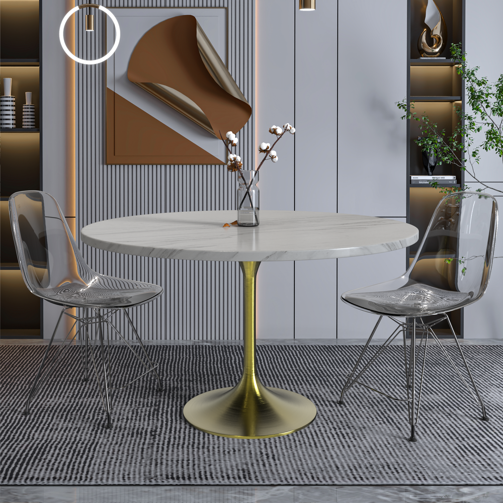 48 Round Dining Table, Brushed Gold Base with Sintered Stone White Top. Picture 6