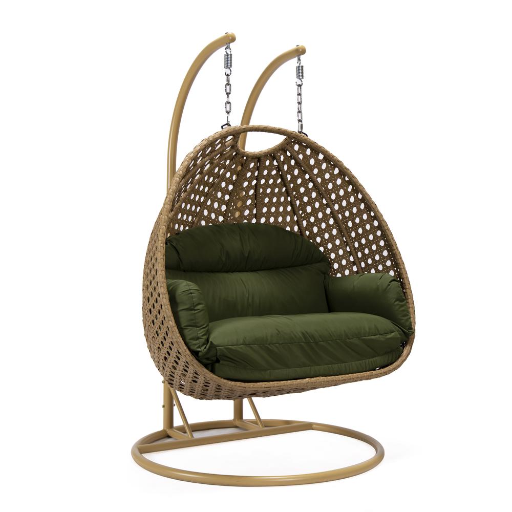 LeisureMod MendozaWicker Hanging 2 person Egg Swing Chair , Dark Green color. Picture 1