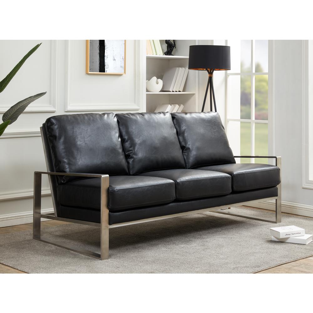 LeisureMod Jefferson Contemporary Modern Design Leather Sofa With Silver Frame. Picture 2