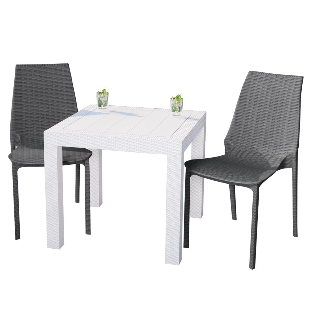 LeisureMod Kent Outdoor White Table With 2 Grey Chairs Dining Set. The main picture.