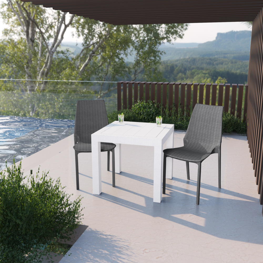 LeisureMod Kent Outdoor White Table With 2 Grey Chairs Dining Set. Picture 4