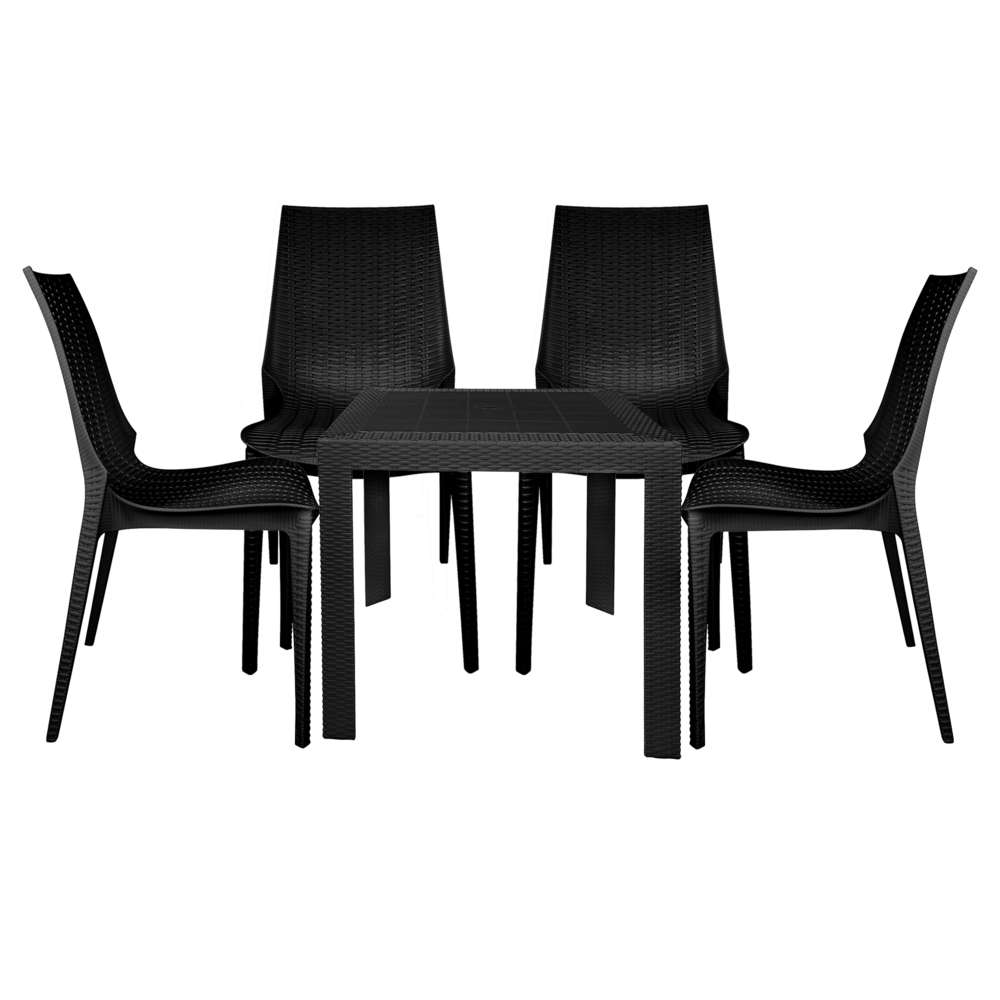 LeisureMod Kent Outdoor Dining Set With 4 Chairs in Black. Picture 1