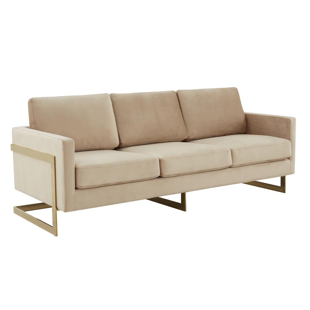 LeisureMod Lincoln Modern Mid-Century Upholstered Velvet Sofa with Gold Frame - Beige. The main picture.