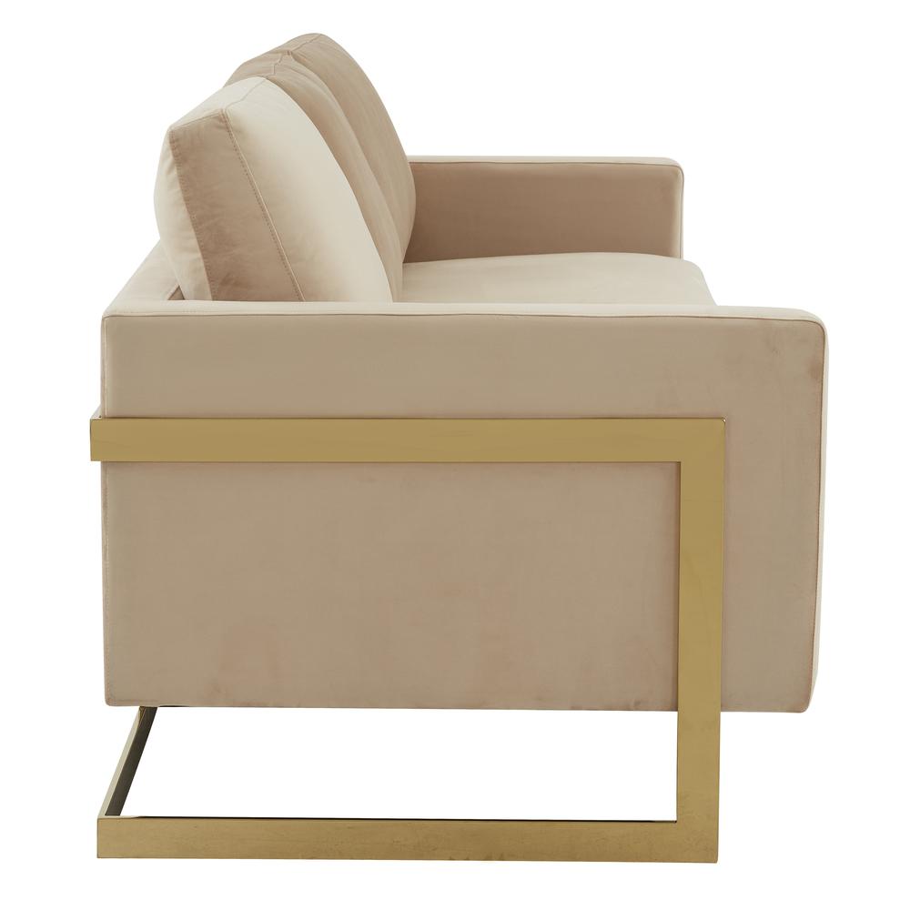 LeisureMod Lincoln Modern Mid-Century Upholstered Velvet Sofa with Gold Frame - Beige. Picture 4