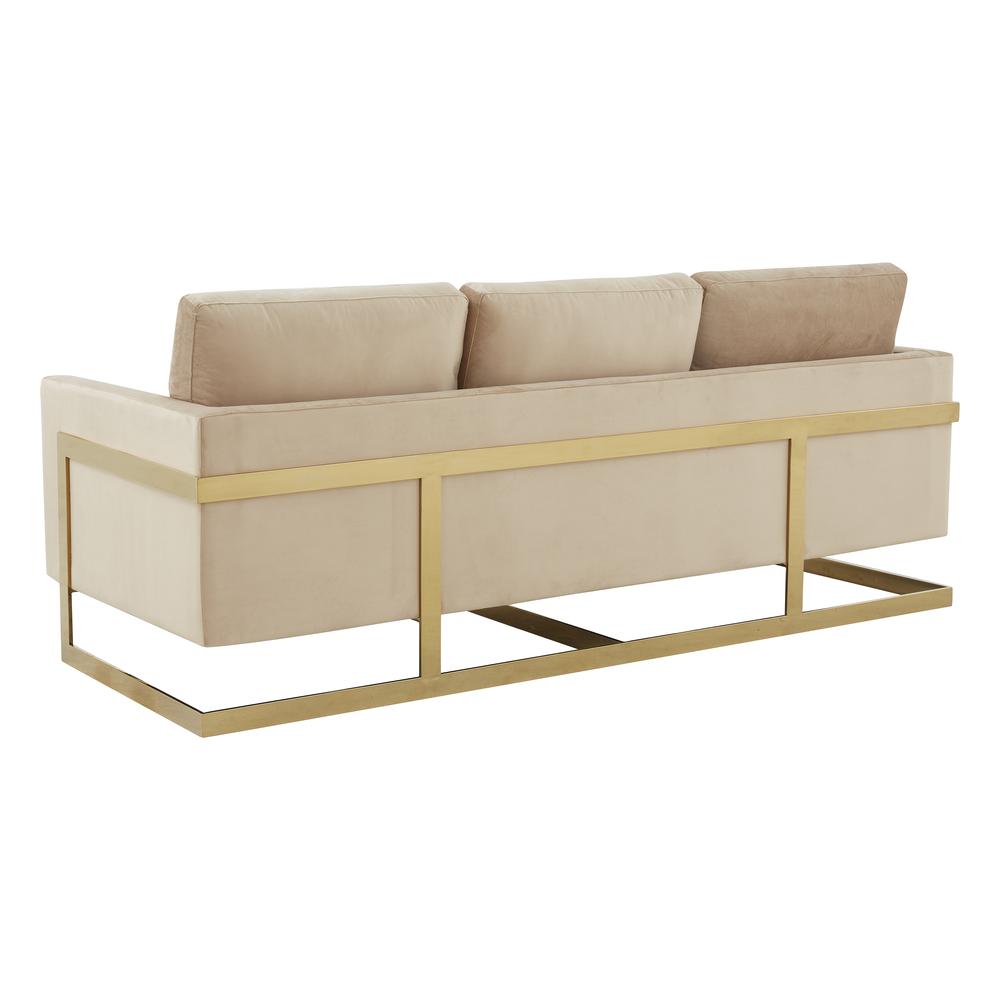LeisureMod Lincoln Modern Mid-Century Upholstered Velvet Sofa with Gold Frame - Beige. Picture 5