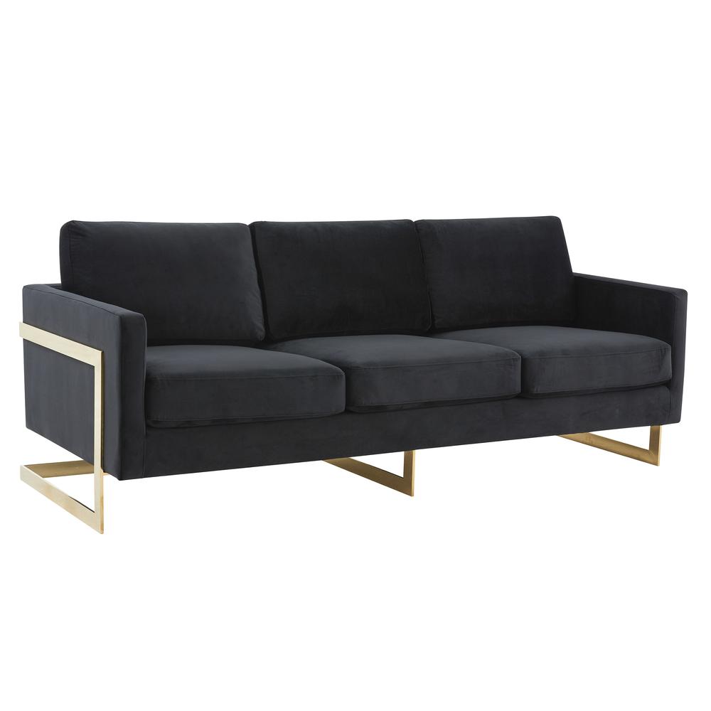 LeisureMod Lincoln Modern Mid-Century Upholstered Velvet Sofa with Gold Frame - Midnight Black. Picture 1