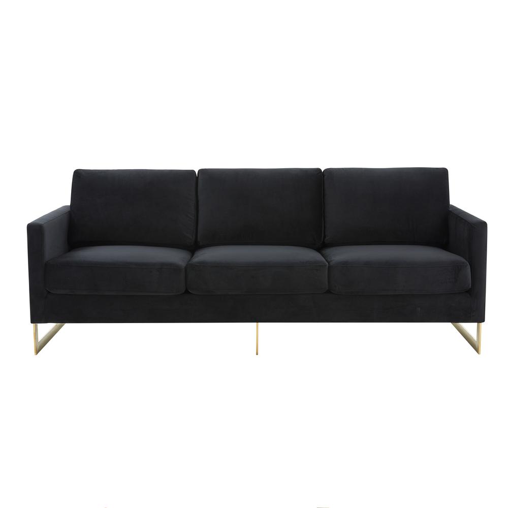 LeisureMod Lincoln Modern Mid-Century Upholstered Velvet Sofa with Gold Frame - Midnight Black. Picture 3