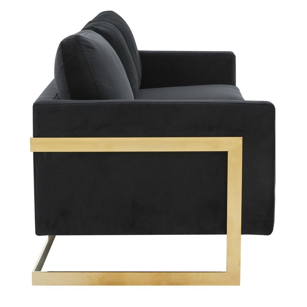 LeisureMod Lincoln Modern Mid-Century Upholstered Velvet Sofa with Gold Frame - Midnight Black. Picture 9