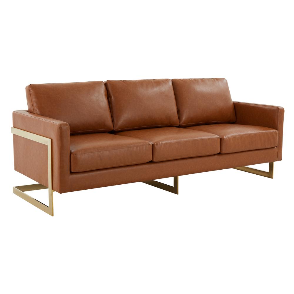 LeisureMod Lincoln Modern Mid-Century Upholstered Leather Sofa with Gold Frame - Cognac Tan. Picture 2