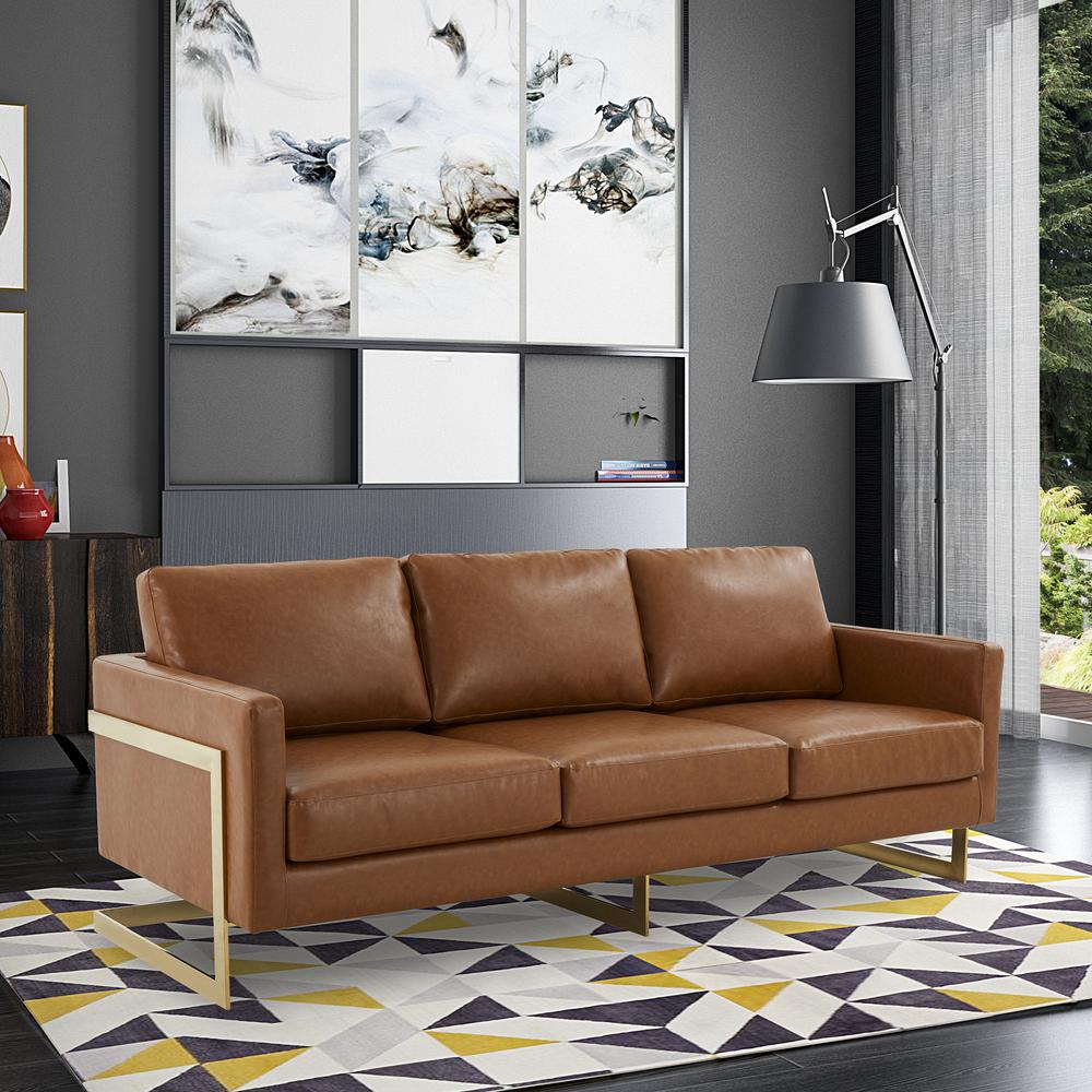 LeisureMod Lincoln Modern Mid-Century Upholstered Leather Sofa with Gold Frame - Cognac Tan. Picture 3