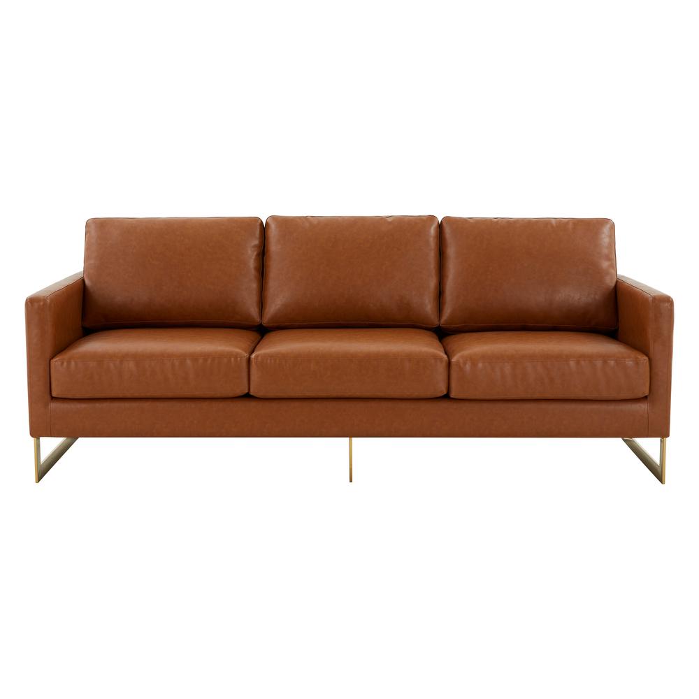 LeisureMod Lincoln Modern Mid-Century Upholstered Leather Sofa with Gold Frame - Cognac Tan. Picture 1