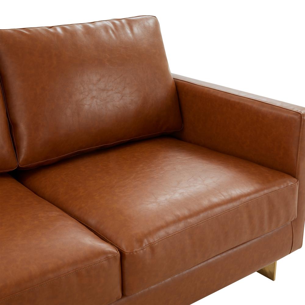 LeisureMod Lincoln Modern Mid-Century Upholstered Leather Sofa with Gold Frame - Cognac Tan. Picture 4