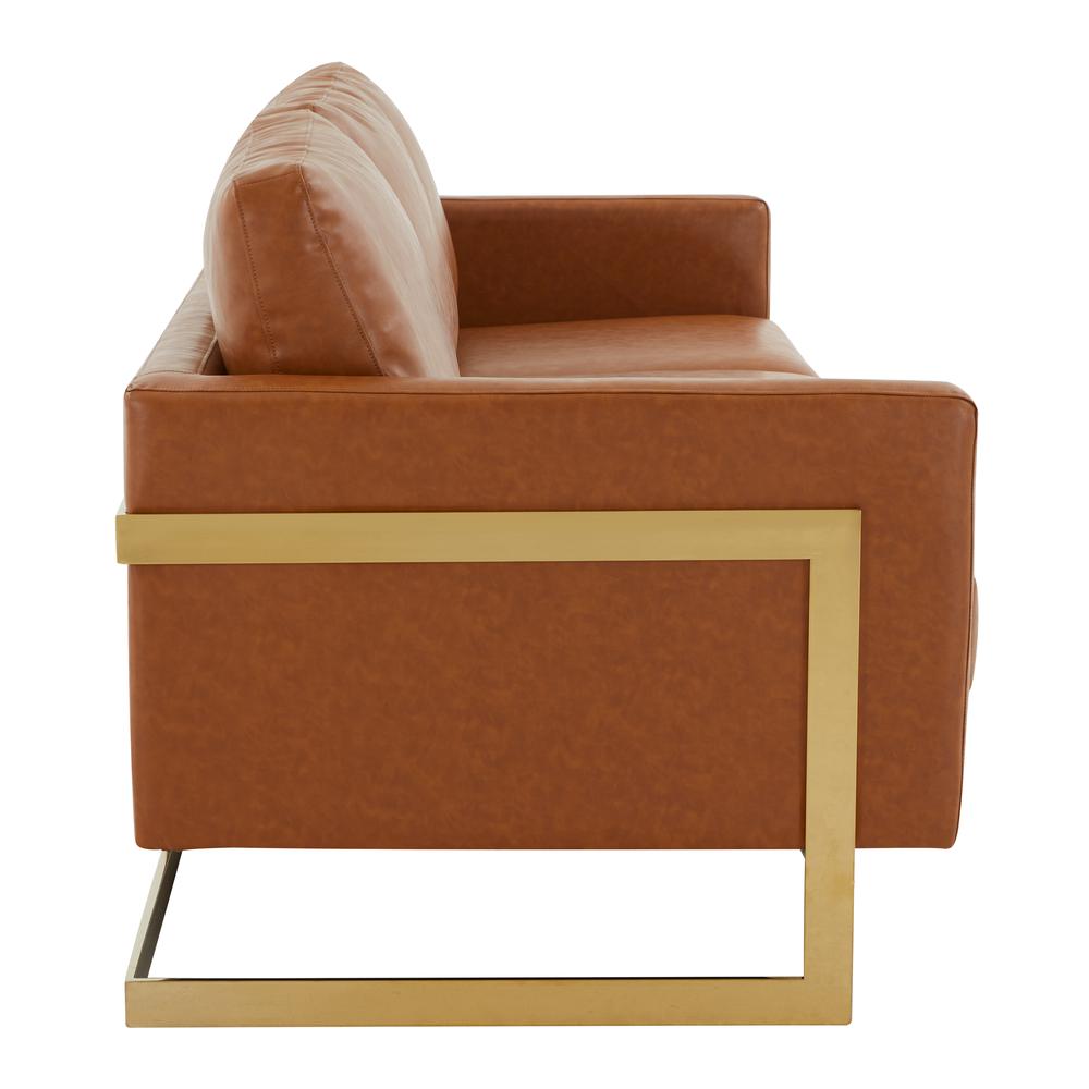 LeisureMod Lincoln Modern Mid-Century Upholstered Leather Sofa with Gold Frame - Cognac Tan. Picture 7