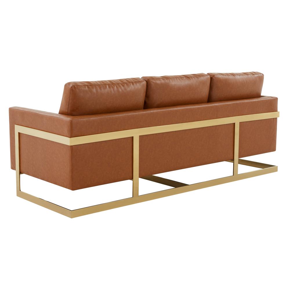 LeisureMod Lincoln Modern Mid-Century Upholstered Leather Sofa with Gold Frame - Cognac Tan. Picture 5