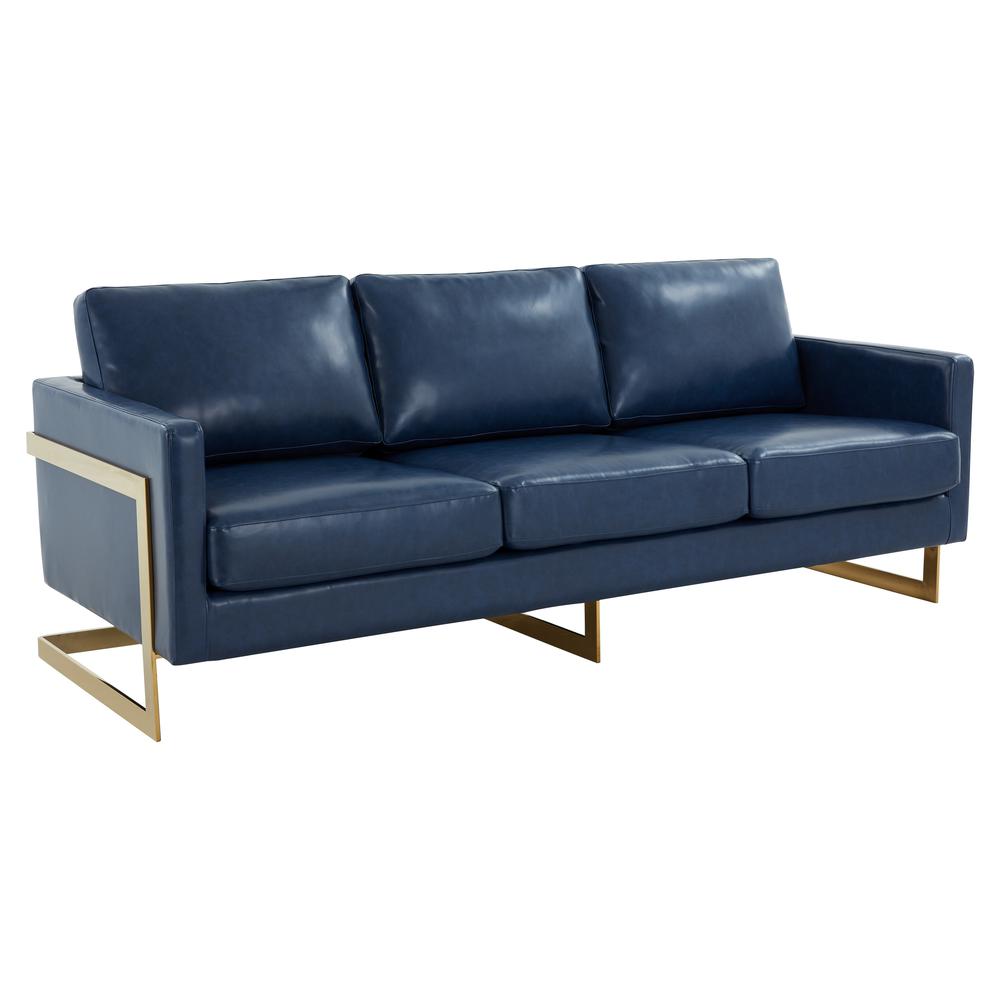 LeisureMod Lincoln Modern Mid-Century Upholstered Leather Sofa with Gold Frame - Navy Blue. The main picture.