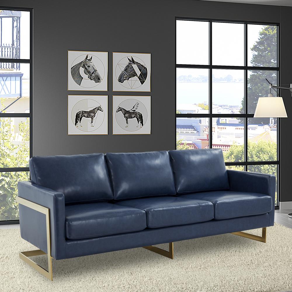 LeisureMod Lincoln Modern Mid-Century Upholstered Leather Sofa with Gold Frame - Navy Blue. Picture 6