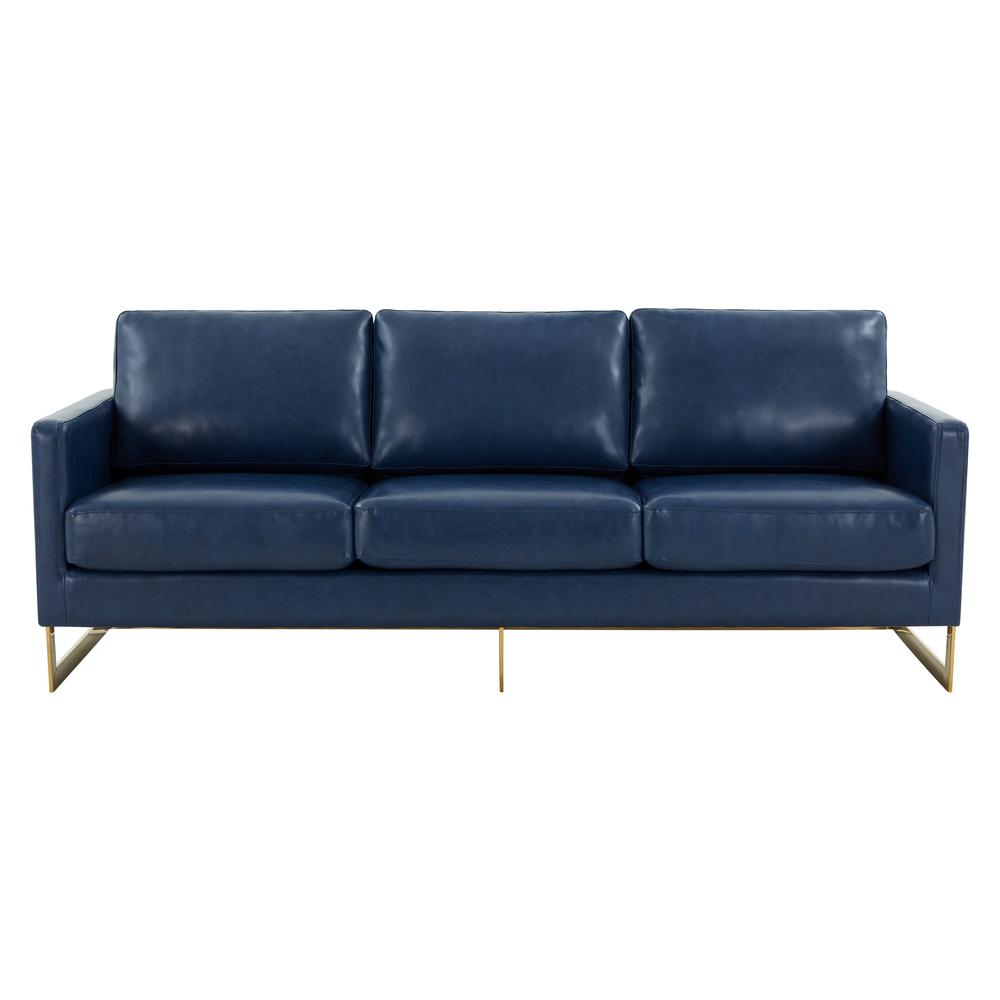 LeisureMod Lincoln Modern Mid-Century Upholstered Leather Sofa with Gold Frame - Navy Blue. Picture 2