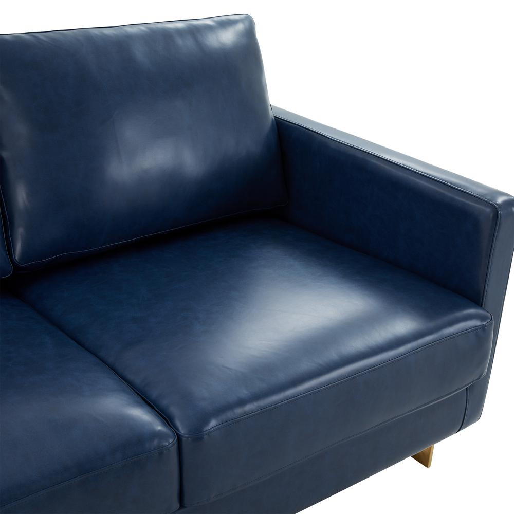 LeisureMod Lincoln Modern Mid-Century Upholstered Leather Sofa with Gold Frame - Navy Blue. Picture 5