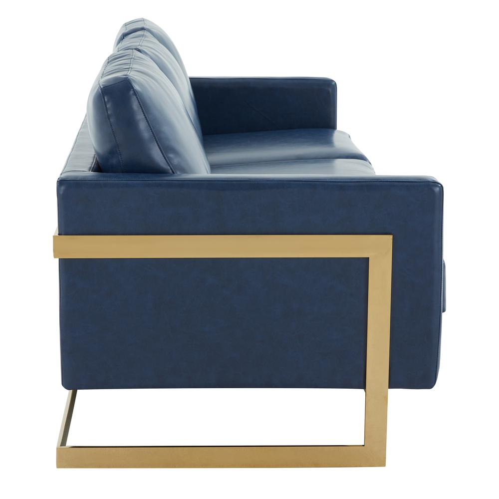 LeisureMod Lincoln Modern Mid-Century Upholstered Leather Sofa with Gold Frame - Navy Blue. Picture 3