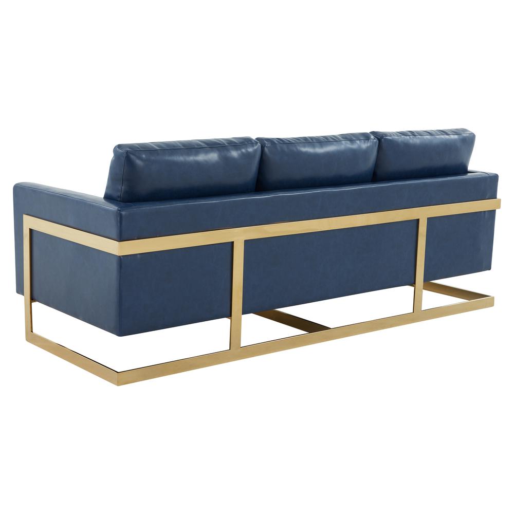 LeisureMod Lincoln Modern Mid-Century Upholstered Leather Sofa with Gold Frame - Navy Blue. Picture 4