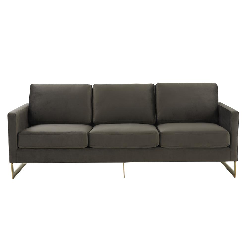 LeisureMod Lincoln Modern Mid-Century Upholstered Velvet Sofa with Gold Frame - Dark Grey. Picture 3