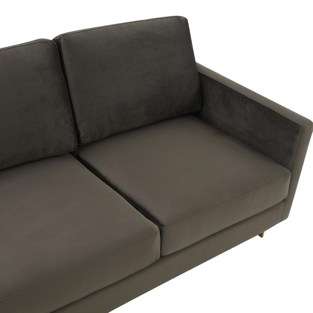 LeisureMod Lincoln Modern Mid-Century Upholstered Velvet Sofa with Gold Frame - Dark Grey. Picture 4