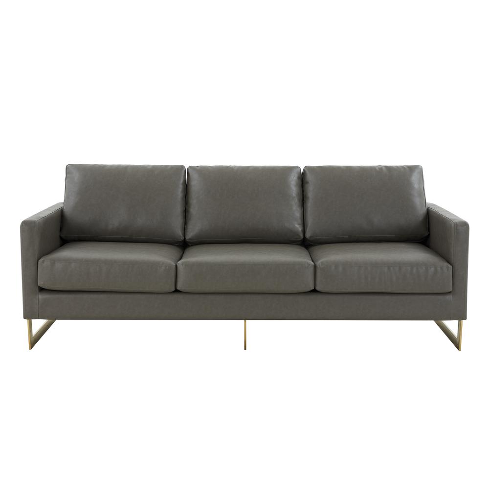 LeisureMod Lincoln Modern Mid-Century Upholstered Leather Sofa with Gold Frame - Grey. Picture 2