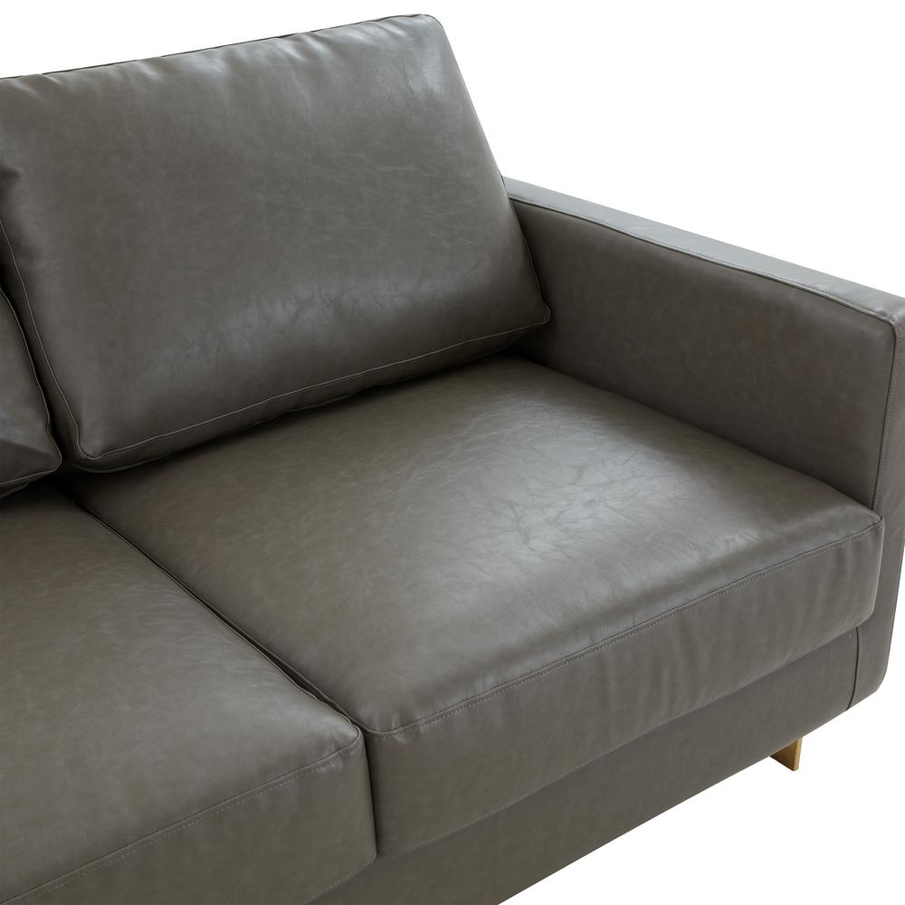 LeisureMod Lincoln Modern Mid-Century Upholstered Leather Sofa with Gold Frame - Grey. Picture 4