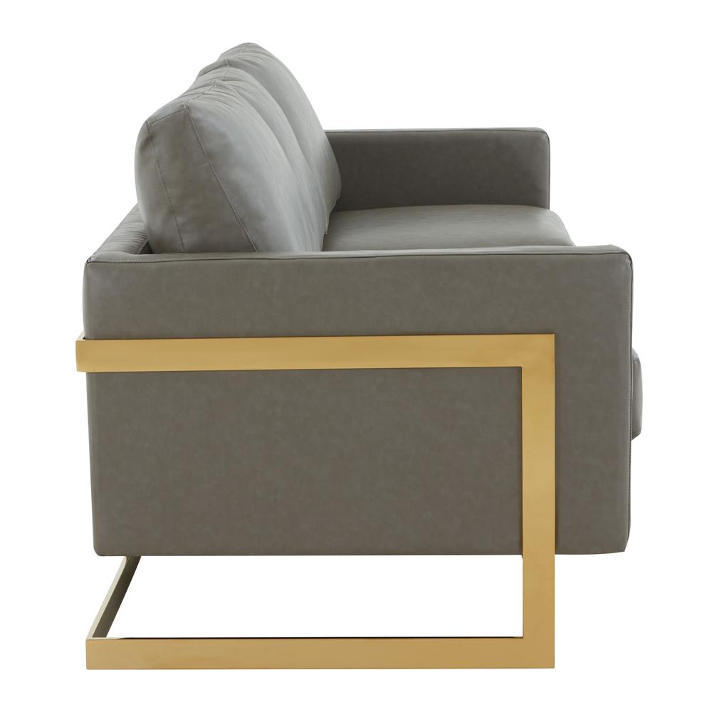 LeisureMod Lincoln Modern Mid-Century Upholstered Leather Sofa with Gold Frame - Grey. Picture 5