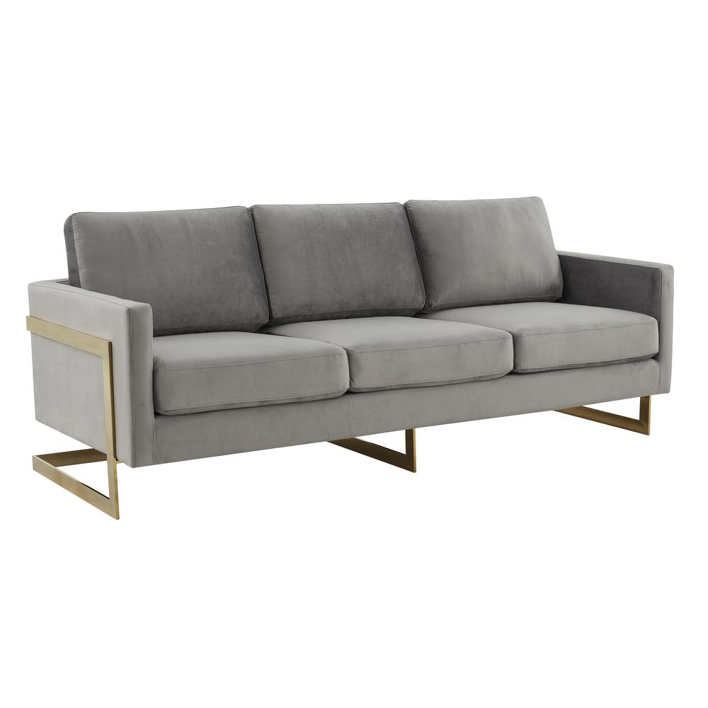 LeisureMod Lincoln Modern Mid-Century Upholstered Velvet Sofa with Gold Frame - Light Grey. The main picture.